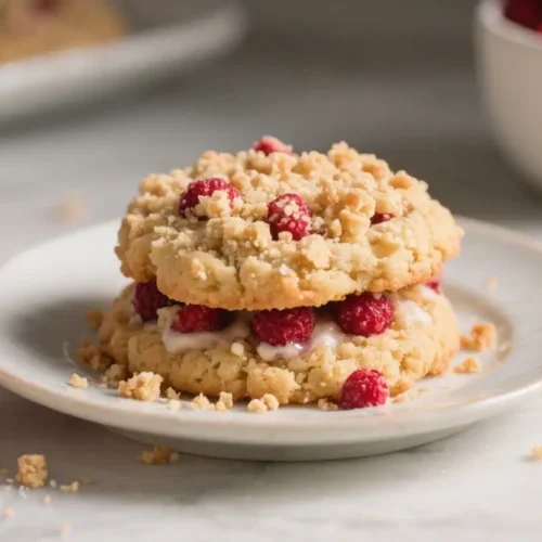Strawberry crumb cake cookies with streusel topping and creamy filling on a white plate