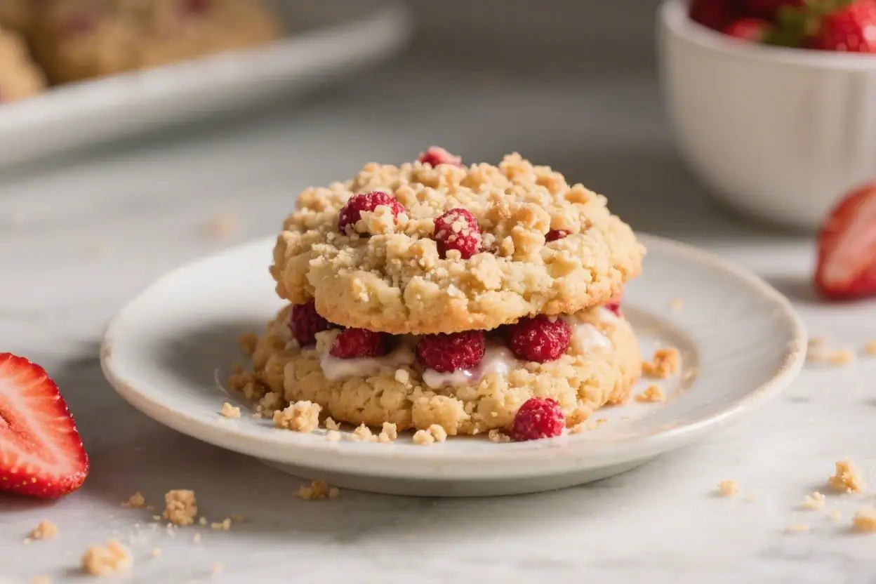 Strawberry crumb cake cookies with streusel topping and creamy filling on a white plate
