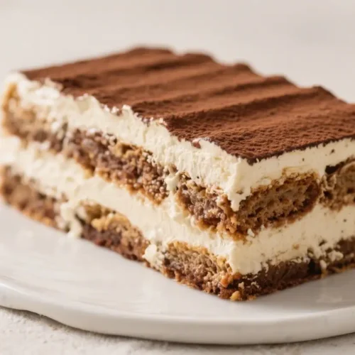 Slice of tiramisu layer cake with espresso soaked sponge layers, creamy mascarpone filling, and cocoa powder dusting on a white plate.
