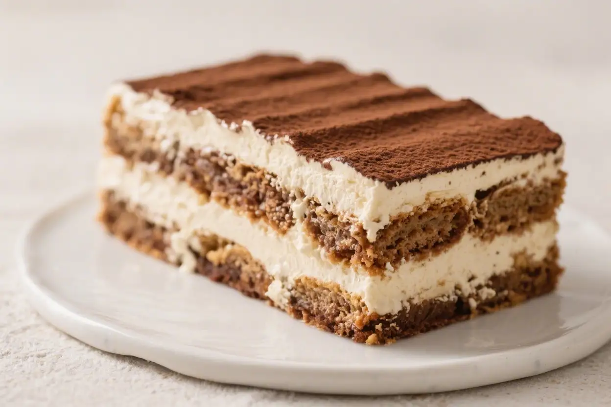 Slice of tiramisu layer cake with espresso soaked sponge layers, creamy mascarpone filling, and cocoa powder dusting on a white plate.