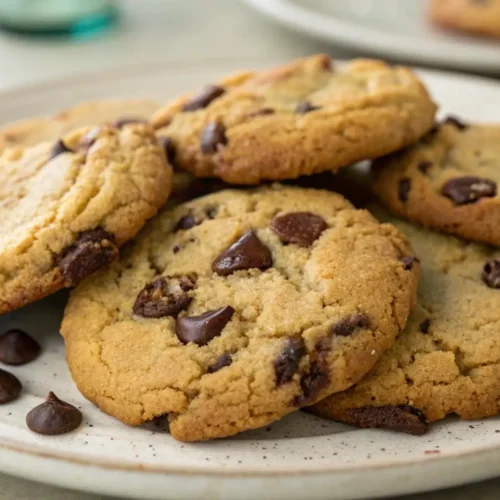Vegan olive oil chocolate chip cookies stacked on a plate with soft chewy texture
