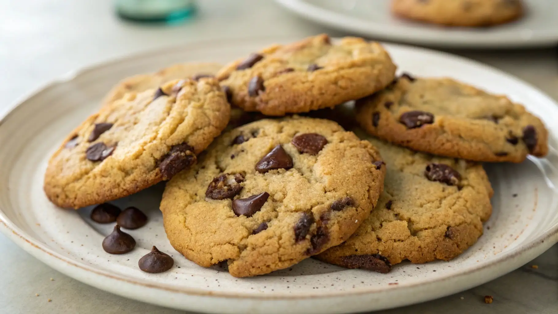 Vegan olive oil chocolate chip cookies stacked on a plate with soft chewy texture