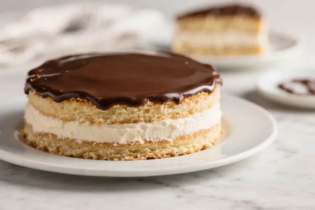 Boston cream pie with vanilla custard filling and glossy chocolate ganache topping