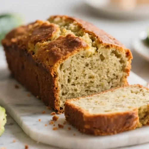 Freshly baked zucchini bread loaf sliced on a marble board with whole zucchini nearby