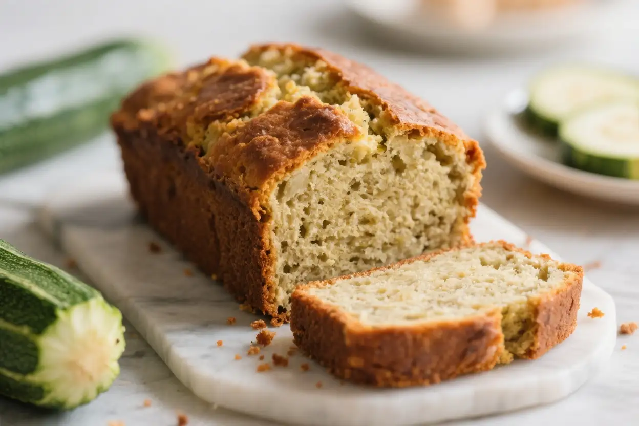 Freshly baked zucchini bread loaf sliced on a marble board with whole zucchini nearby