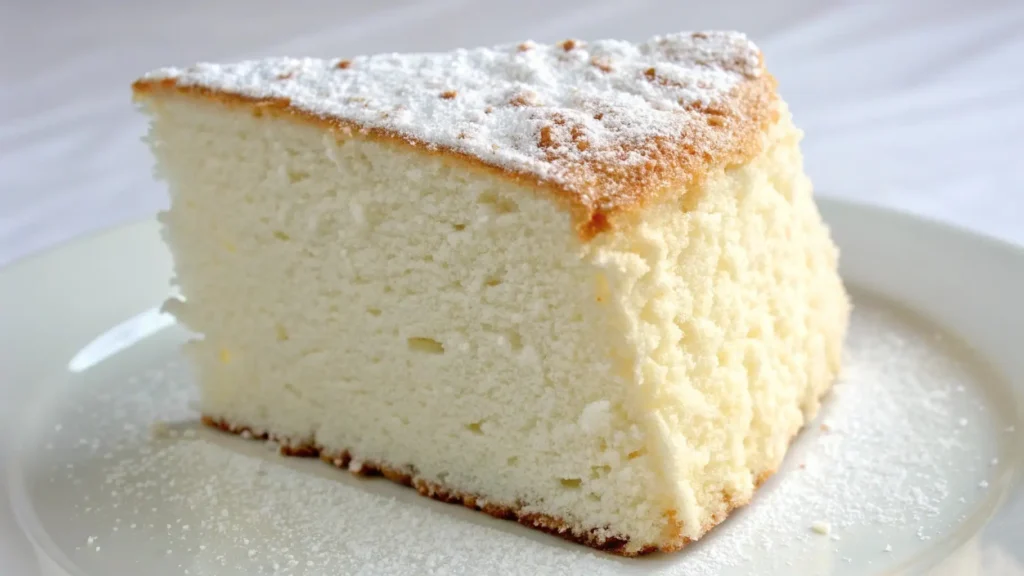 Slice of fluffy angel food cake dusted with powdered sugar on a white plate.