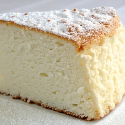 Slice of fluffy angel food cake dusted with powdered sugar on a white plate.