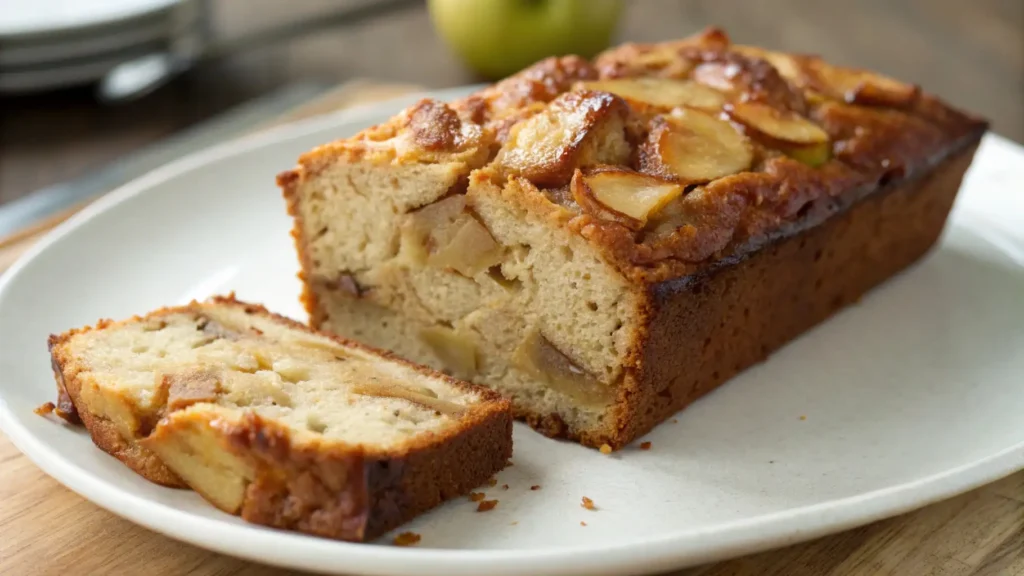 Moist apple bread loaf with sliced apples baked on top, served on a plate with one slice cut and visible apple pieces inside.