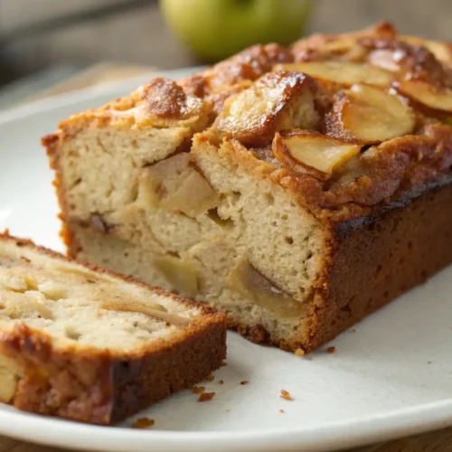 Moist apple bread loaf with sliced apples baked on top, served on a plate with one slice cut and visible apple pieces inside.