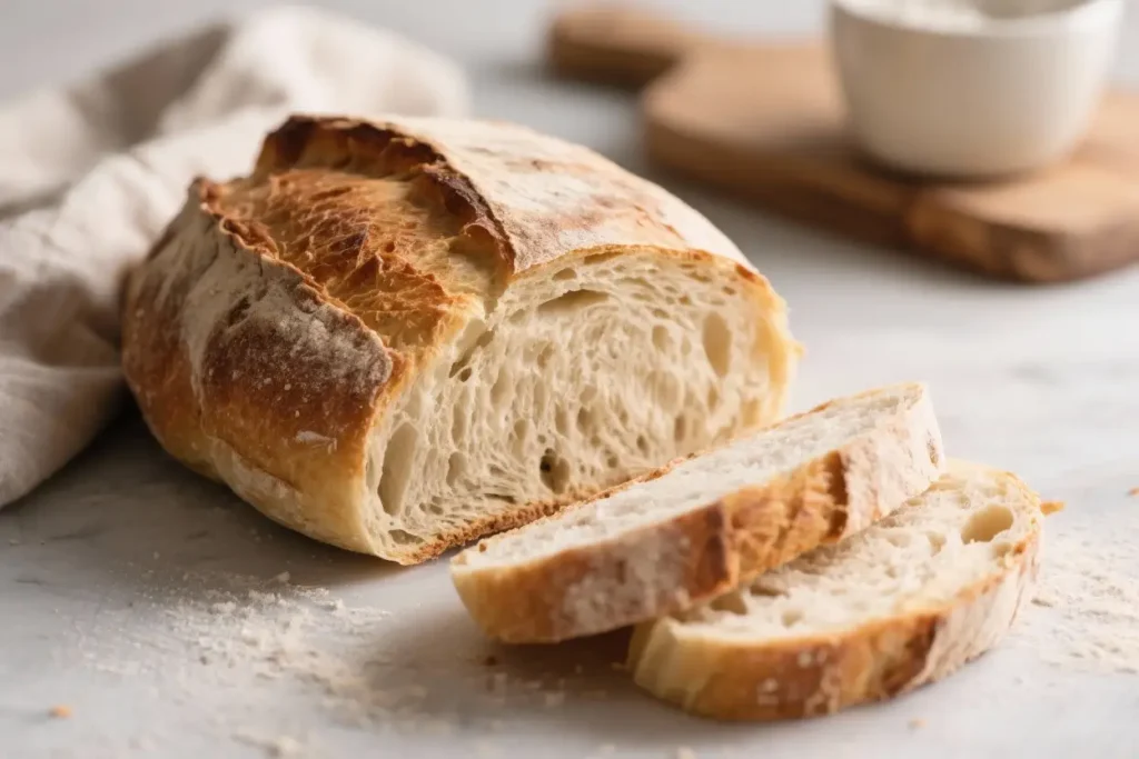 Rustic artisan bread loaf with crispy crust and airy crumb, sliced on a floured surface