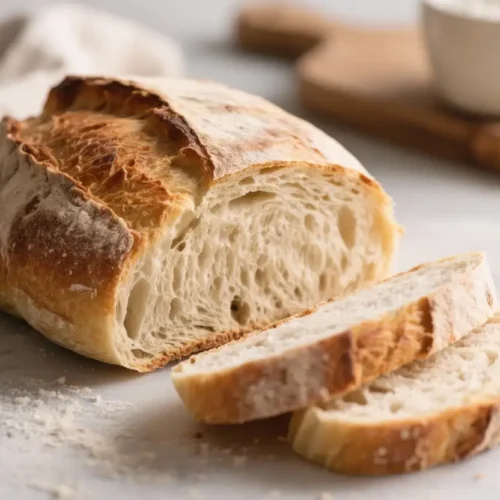 Rustic artisan bread loaf with crispy crust and airy crumb, sliced on a floured surface