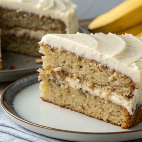 Slice of banana cake with cream cheese frosting on a plate with whole bananas in the background