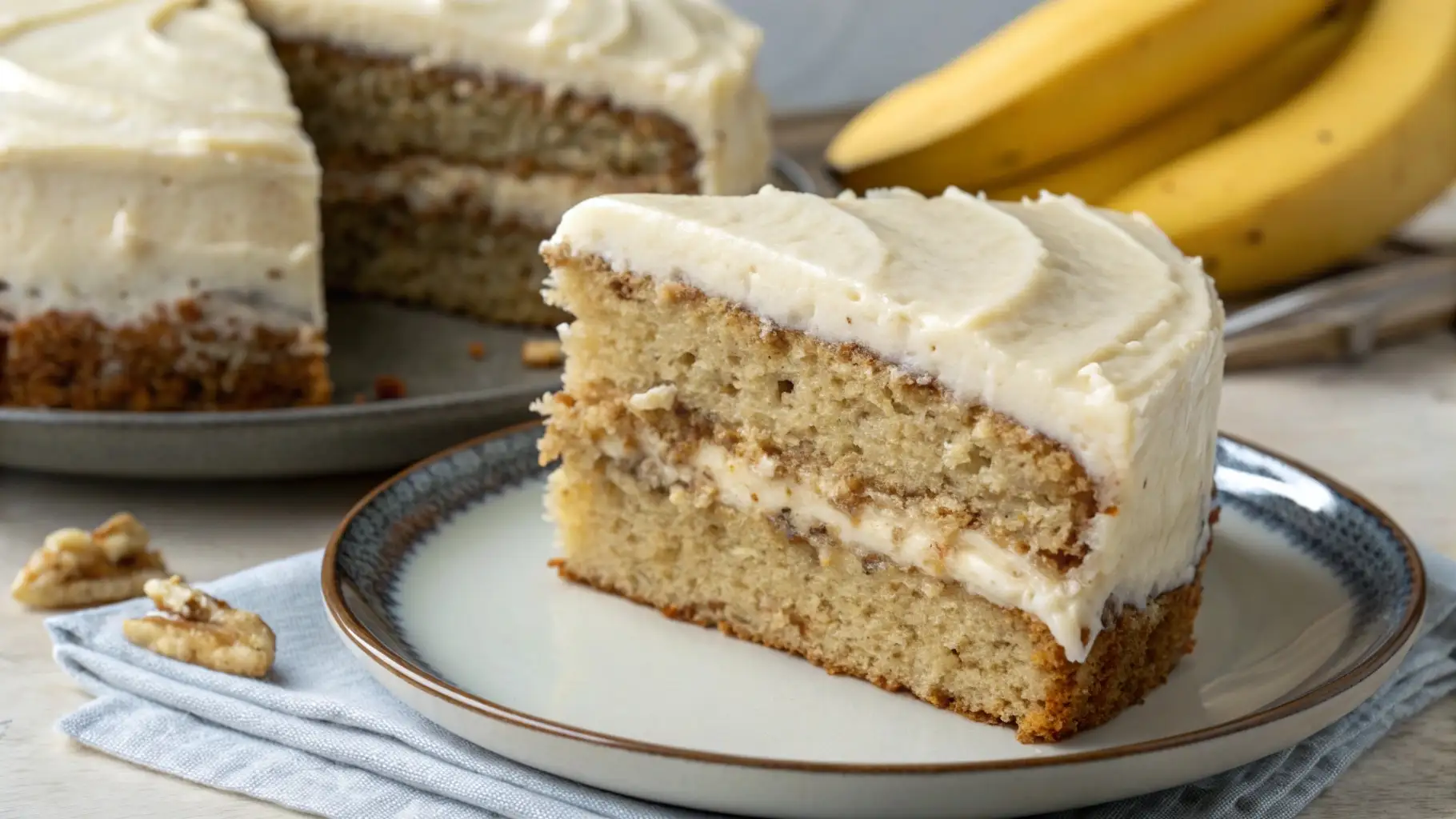 Slice of banana cake with cream cheese frosting on a plate with whole bananas in the background