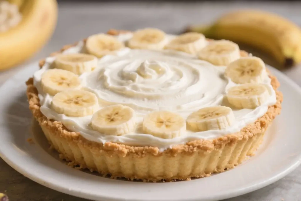 Banana cream pie topped with fresh banana slices and smooth whipped cream on a buttery crust.