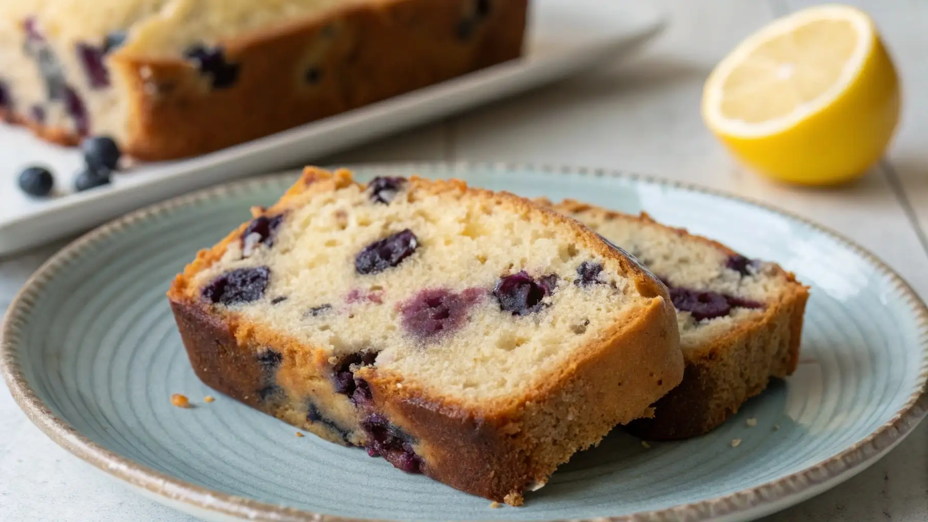Slices of blueberry lemon bread on a plate with fresh blueberries and a lemon half in the background.