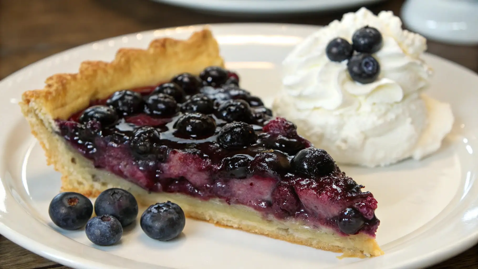 Slice of homemade blueberry pie with glossy berry filling on a plate served with whipped cream and fresh blueberries.