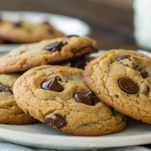 Easy Brown Butter Chocolate Chip Cookies - Rich, Toasty, and Foolproof 2 Plate of brown butter chocolate chip cookies with crisp edges and melty chocolate chips, with a bottle of milk in the background.