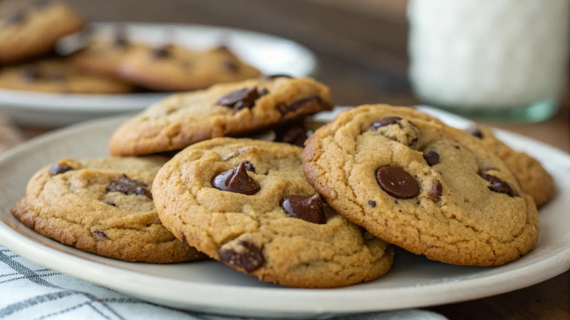 Easy Brown Butter Chocolate Chip Cookies - Rich, Toasty, and Foolproof 1 Plate of brown butter chocolate chip cookies with crisp edges and melty chocolate chips, with a bottle of milk in the background.