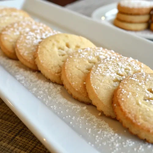 Golden butter cookies arranged on a white serving platter and dusted with powdered sugar