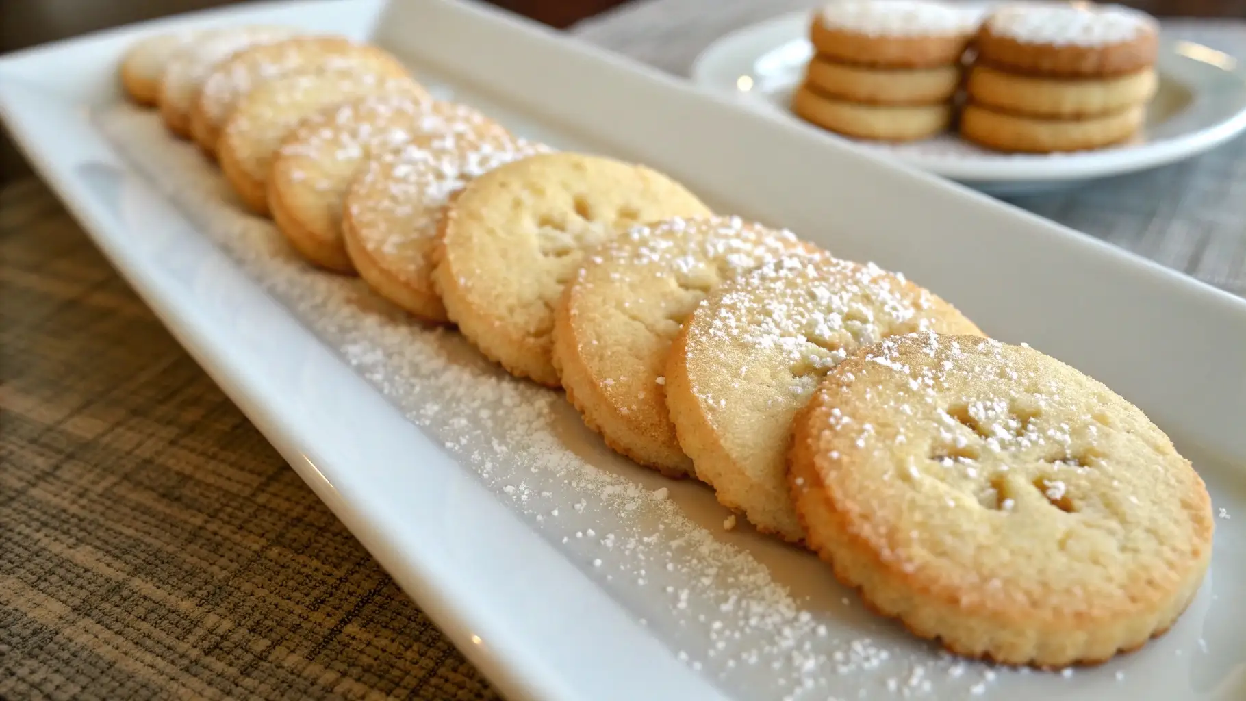 Golden butter cookies arranged on a white serving platter and dusted with powdered sugar