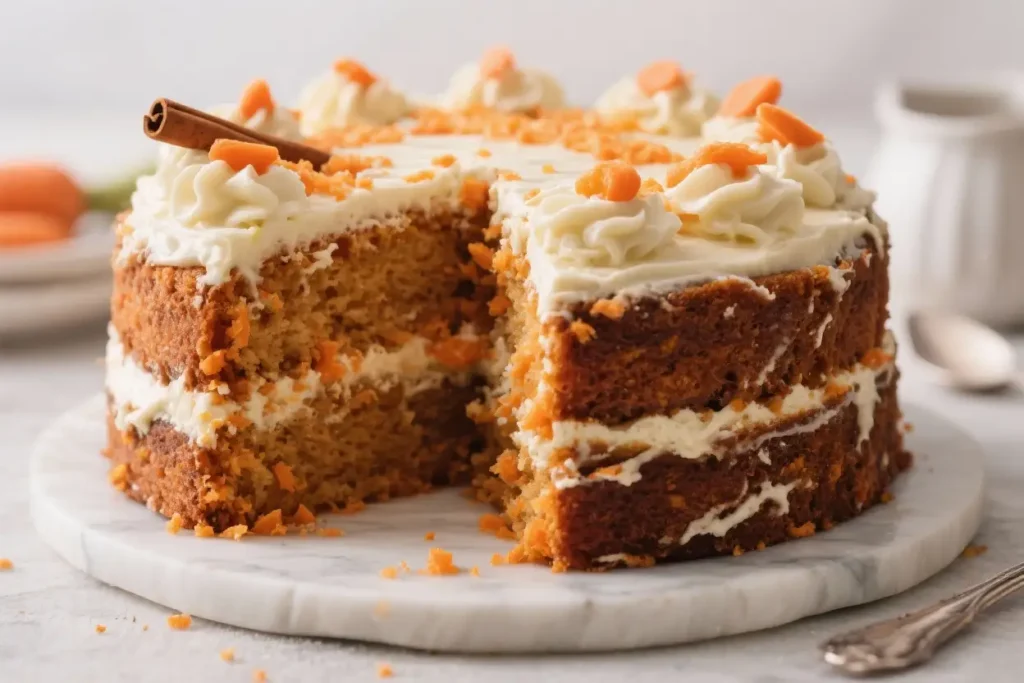 Moist carrot cake with cream cheese frosting, layered filling, and carrot garnish on a marble cake stand.