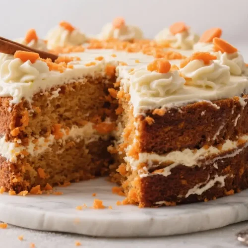 Moist carrot cake with cream cheese frosting, layered filling, and carrot garnish on a marble cake stand.
