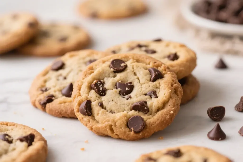 Close up of homemade chocolate chip cookies with melted chocolate chips on a baking surface, surrounded by extra chocolate pieces.