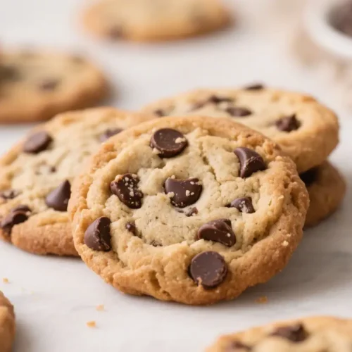 Perfect Chocolate Chip Cookies Easy Bakery Style Results - Soft, Chewy, and Loaded with Chocolate 2 Close up of homemade chocolate chip cookies with melted chocolate chips on a baking surface, surrounded by extra chocolate pieces.