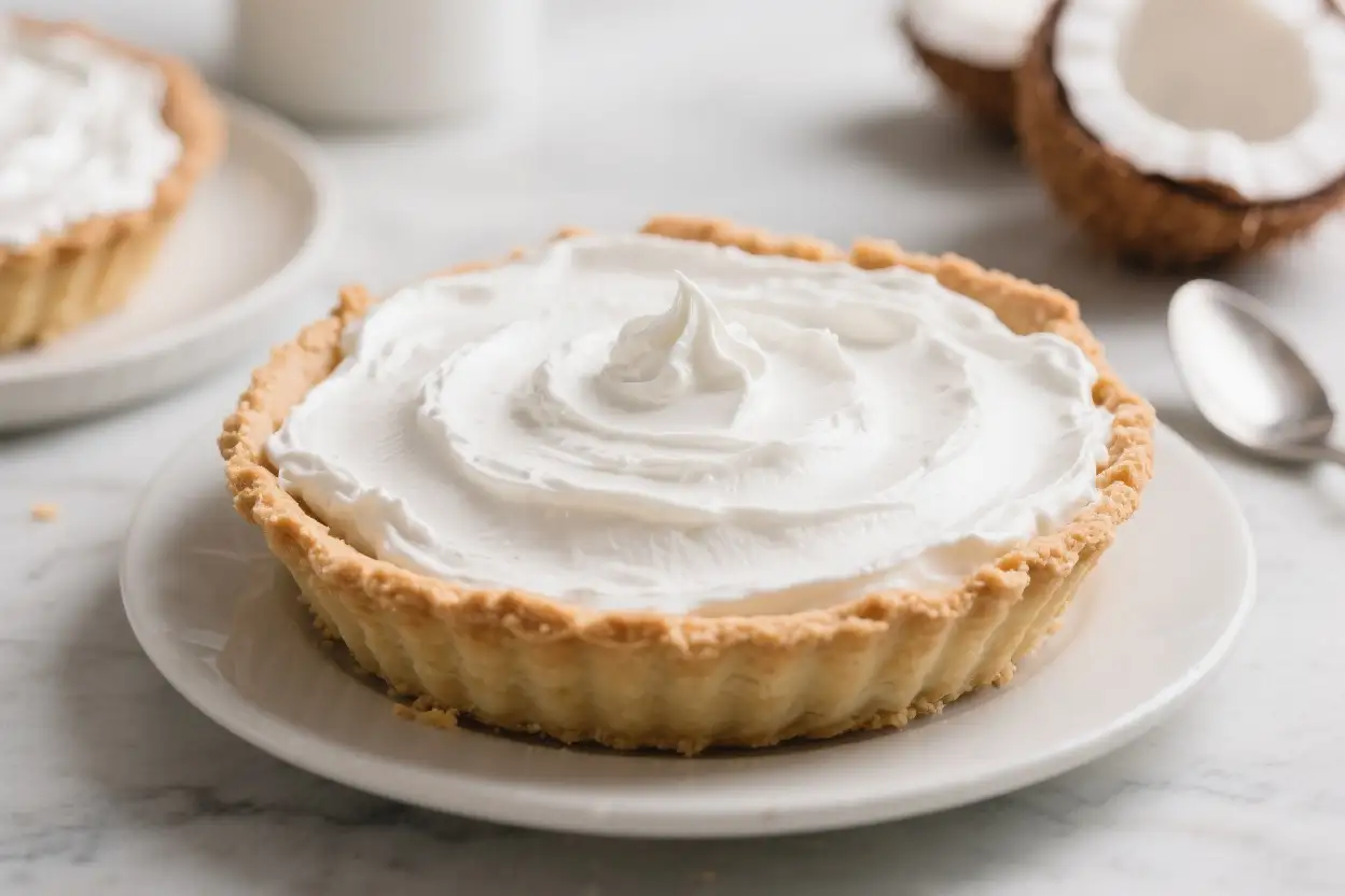 Coconut cream pie with a flaky crust and a thick layer of whipped cream topping on a white plate.