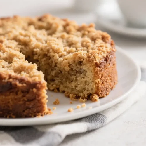 Slice of coffee cake with a buttery crumb and cinnamon streusel topping on a white plate.