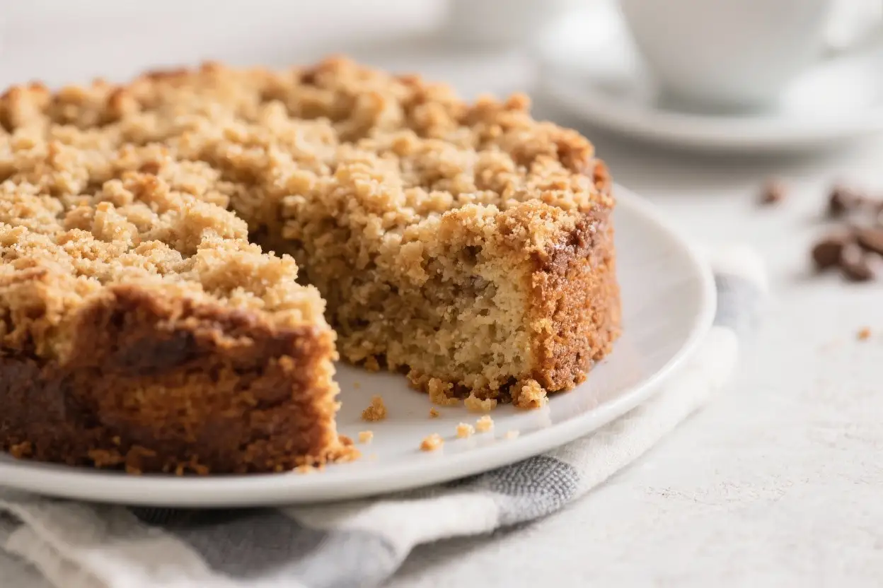 Slice of coffee cake with a buttery crumb and cinnamon streusel topping on a white plate.