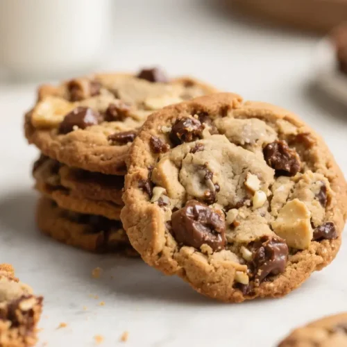 Stack of homemade cowboy cookies with chocolate chips, nuts, and oats on a light surface with crumbs and a broken piece in front.