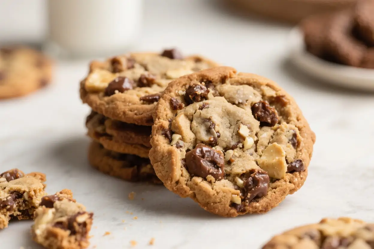 Stack of homemade cowboy cookies with chocolate chips, nuts, and oats on a light surface with crumbs and a broken piece in front.