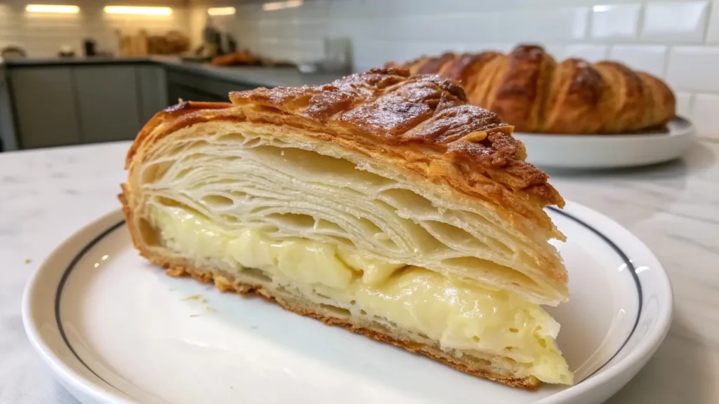 Croissant cake slice with flaky buttery layers and creamy custard filling on a plate