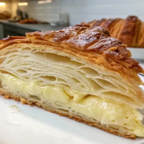 Croissant cake slice with flaky buttery layers and creamy custard filling on a plate