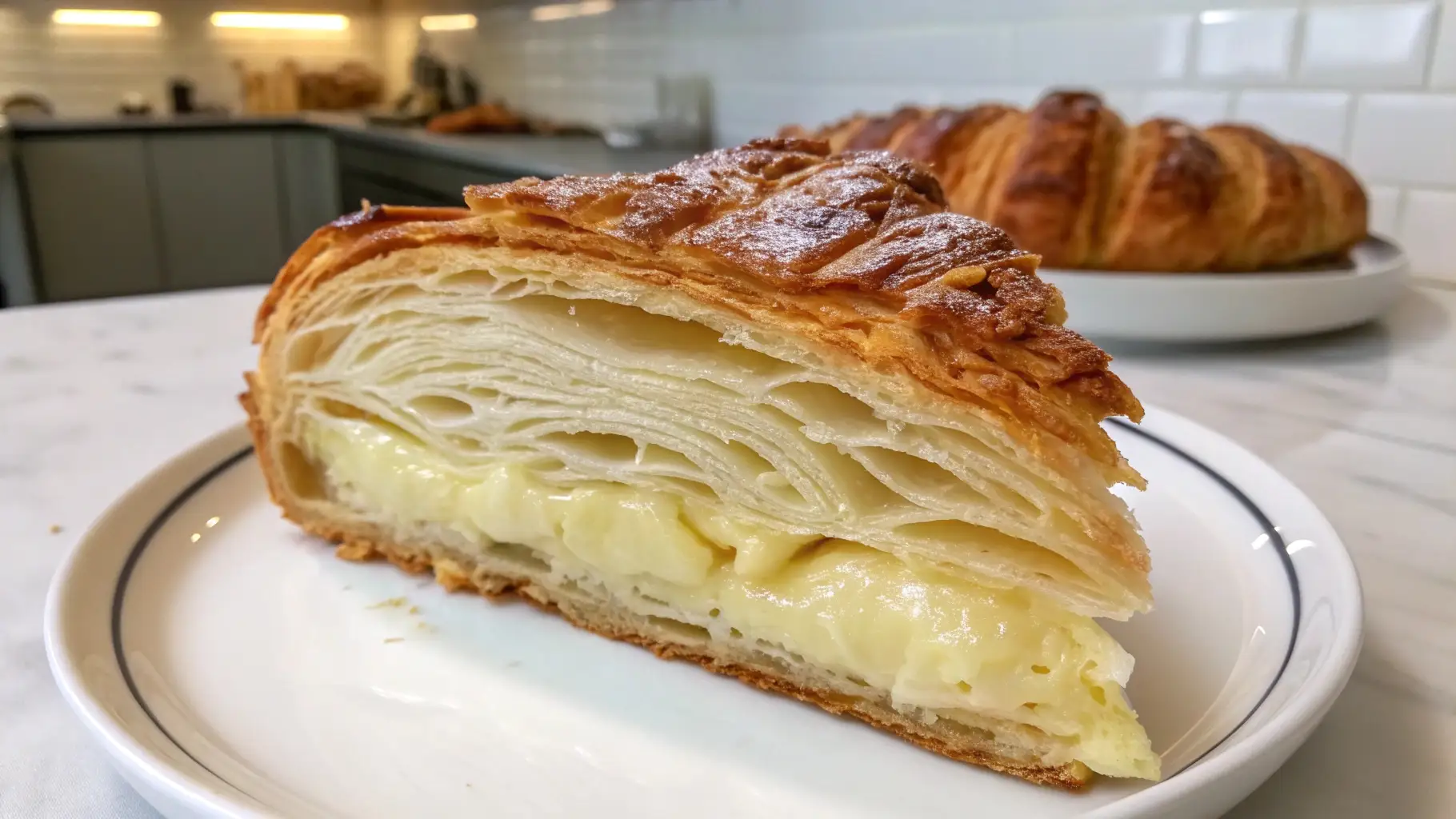 Croissant cake slice with flaky buttery layers and creamy custard filling on a plate