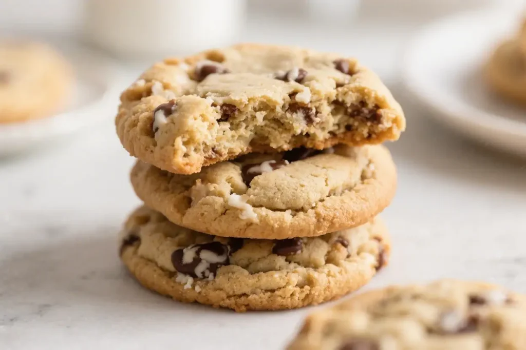 Stacked crumbl style chocolate chip cookies with soft centers and melted chips