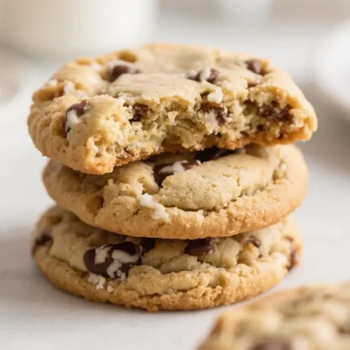 Stacked crumbl style chocolate chip cookies with soft centers and melted chips