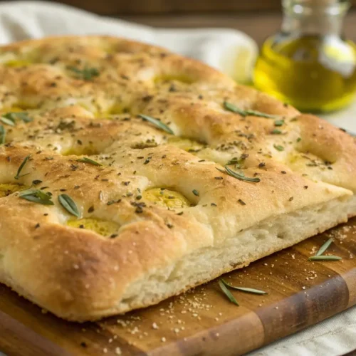 Homemade focaccia bread with olive oil, rosemary, and golden dimples baked until fluffy and crisp on a wooden board.