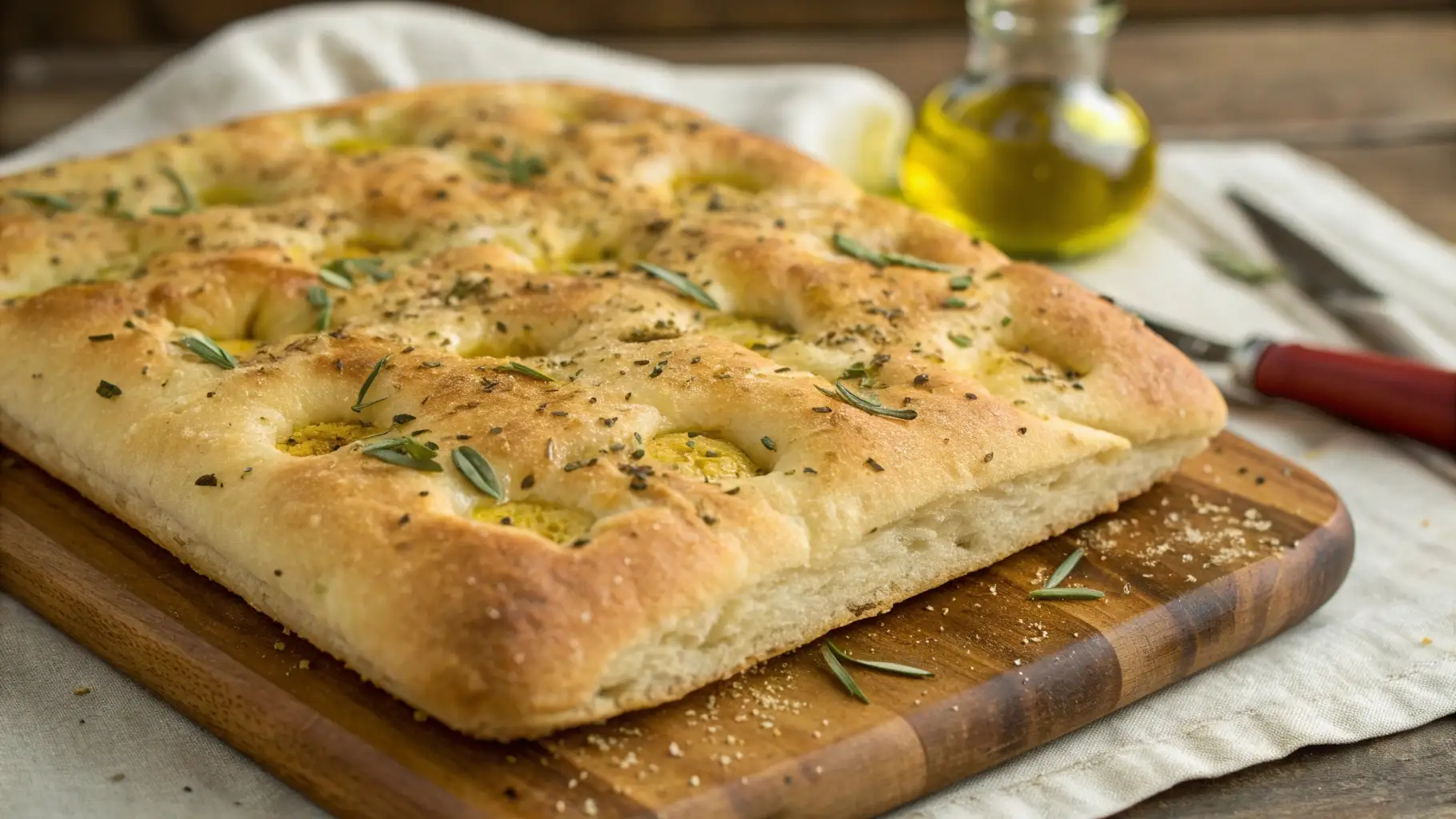 Homemade focaccia bread with olive oil, rosemary, and golden dimples baked until fluffy and crisp on a wooden board.
