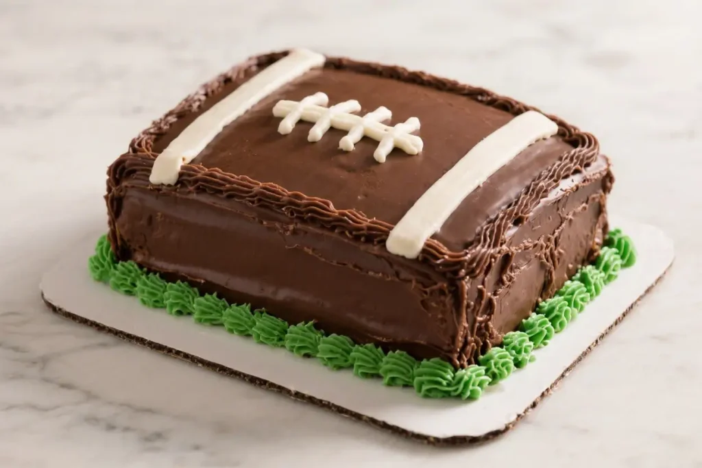 Chocolate football cake decorated with white icing lines and green frosting grass on a cake board