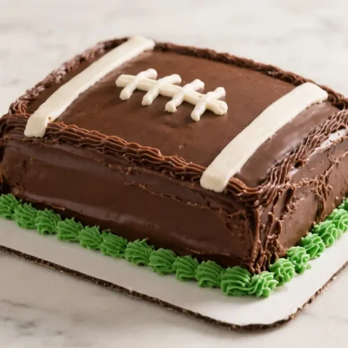 Chocolate football cake decorated with white icing lines and green frosting grass on a cake board