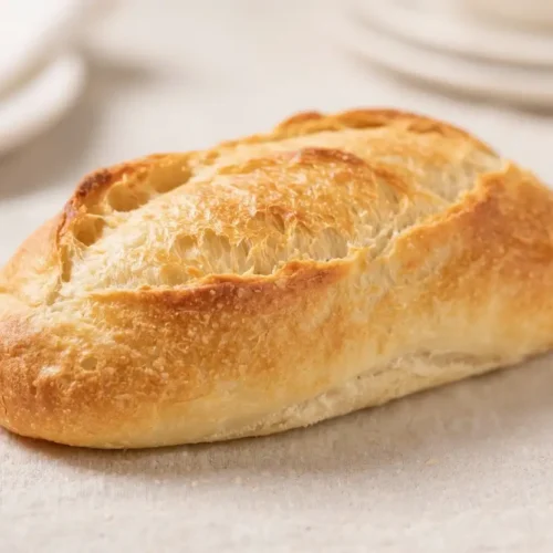 Homemade French bread loaf with a golden crust and airy interior resting on a linen cloth.