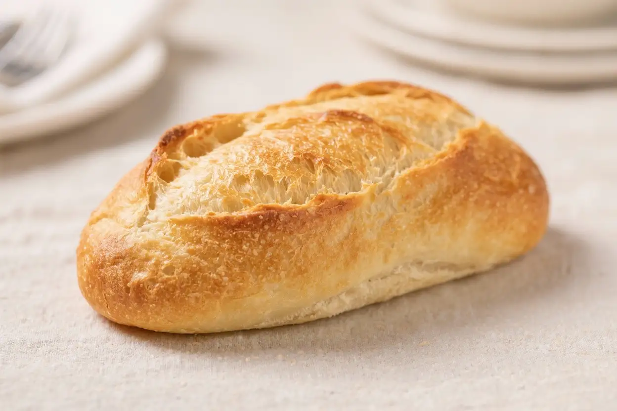 Homemade French bread loaf with a golden crust and airy interior resting on a linen cloth.