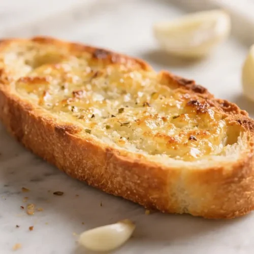 Easy Garlic Bread Recipe – Crispy Buttery Oven Bread 2 Slice of homemade garlic bread with melted butter and herbs on toasted crust with fresh garlic cloves on marble surface.
