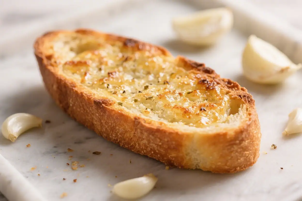 Easy Garlic Bread Recipe – Crispy Buttery Oven Bread 1 Slice of homemade garlic bread with melted butter and herbs on toasted crust with fresh garlic cloves on marble surface.