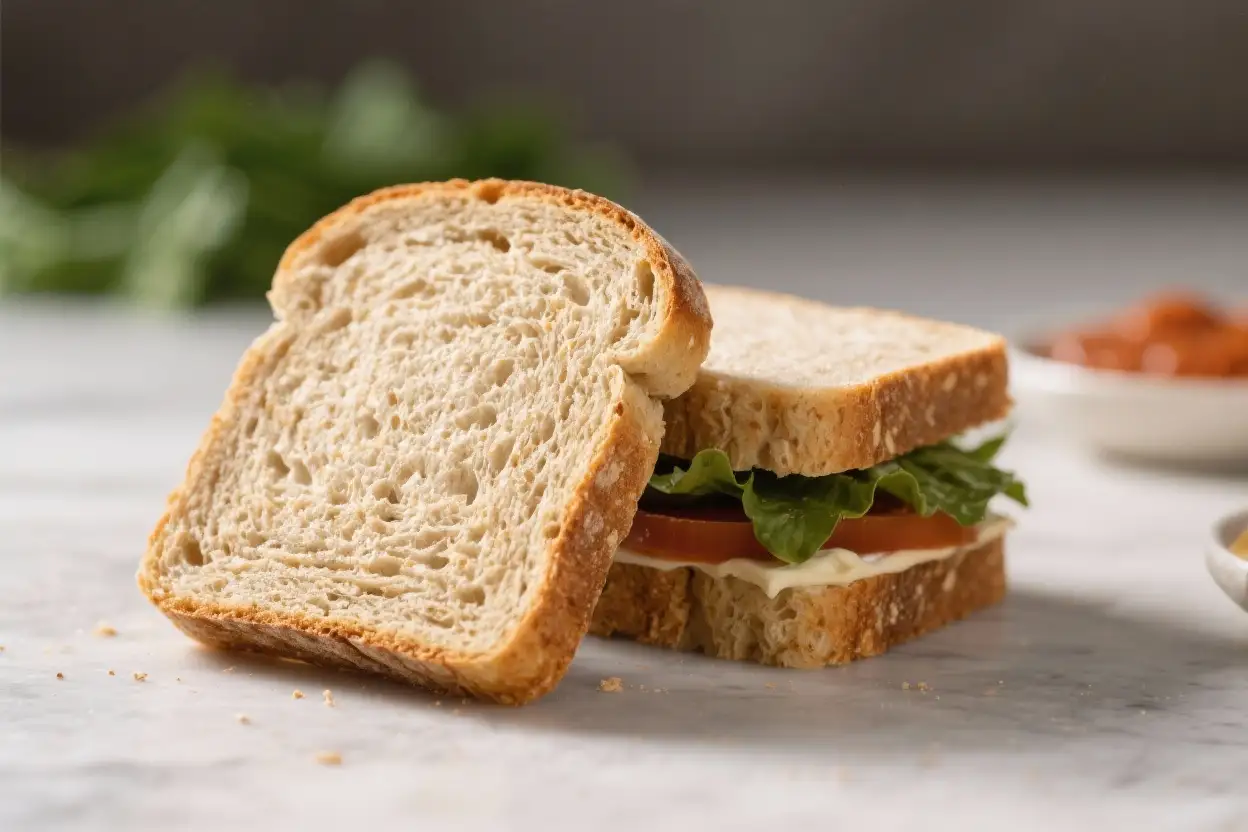 Slices of soft gluten-free bread with an airy crumb, shown plain and as a sandwich with lettuce and tomato.