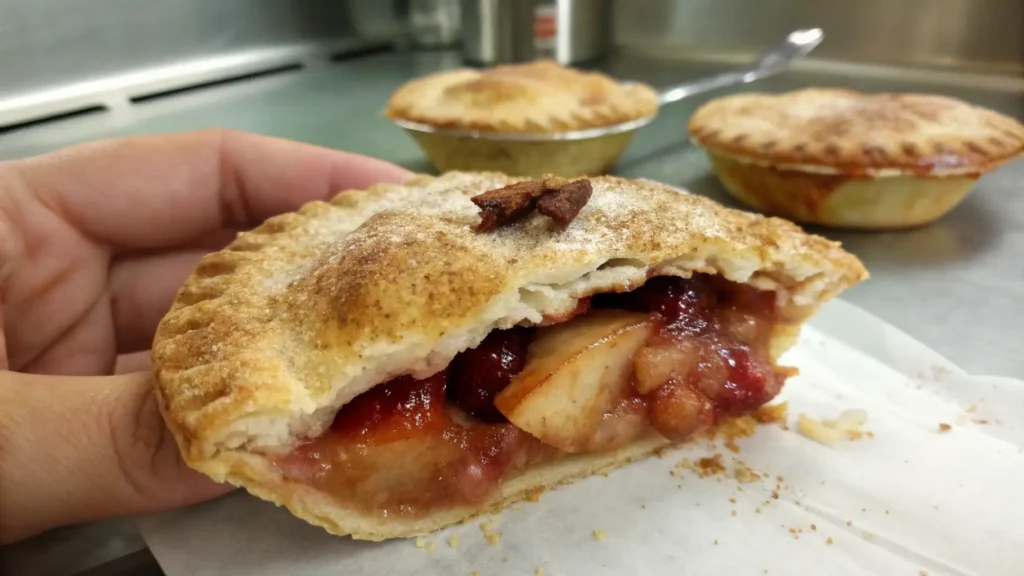Flaky homemade hand pie filled with warm apple and berry filling, held open to show juicy interior