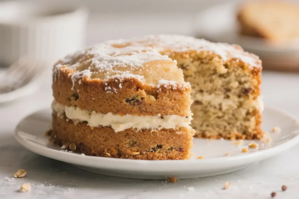 Healthy homemade layer cake sliced on a plate filled with creamy frosting and topped with powdered sugar