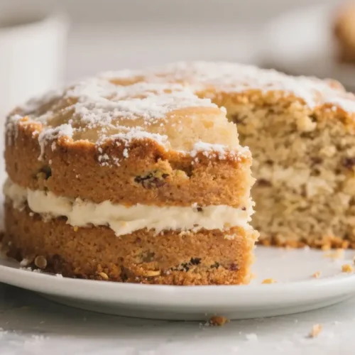 Healthy homemade layer cake sliced on a plate filled with creamy frosting and topped with powdered sugar